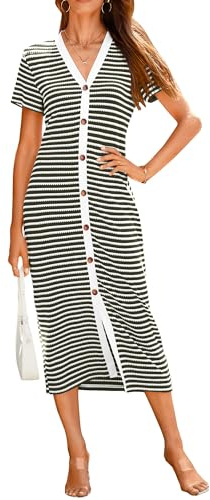 BTFBM Women Casual Summer Dresses Short Sleeve Striped Midi Dresses Decorative Button Ribbed Knit Dresses Party Dresses(Army Green,Large)