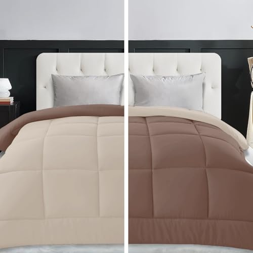 Trapunta Invernale Matrimoniale 260x260, Piumone Caldo Letto Autunno Inverno Tinta Unita Double-Face Imbottita Morbida Microfibra Modello Giuditta Quattro Stagioni Bicolore Panna&Marrone, Matrimoniale