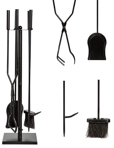 Evergreen Garden Set di 5 attrezzi da camino in ferro forgiato a mano per interni con attizzatoio, pinze, pala, scopa e supporto, diametro 20,3 cm x 30 H per caminetto esterno in ferro battuto