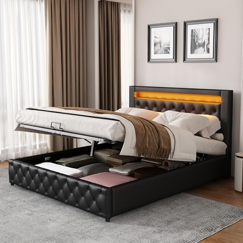 Merax Upholstered Bed Frame with Hydraulic Lift, 4FT6 Double Bed Frame with Slatted Frame and Storage Space, Functional Ottoman Bed, 16 Colors LED Lighting, Elegant PU Finish, Black, 135x190cm
