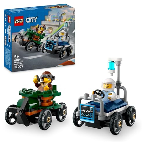 LEGO City Flygplan mot sjukhussäng – racingpaket Leksak med lådbilsrace, Rolig present för barn från 5 år, Byggset med 2 fordon och minifigurer i form av patient och pilot 60459