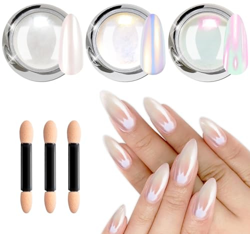 LEDSUUEI White Chrome Nail Powder - New Long Lasting Rose Gold Pearl Metallic Mirror Nail Chrome Powders, 3pcs Glazed Donut Iridescent Holo Shimmer Chrome Powder for Gel Nails Glitter Salon DIY Set
