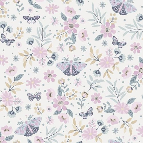 Sweet Meadow Pink Wallpaper - Floral Flowers Butterflies Botanical Stylish - Girls Bedroom Feature Wall Decoration DIY