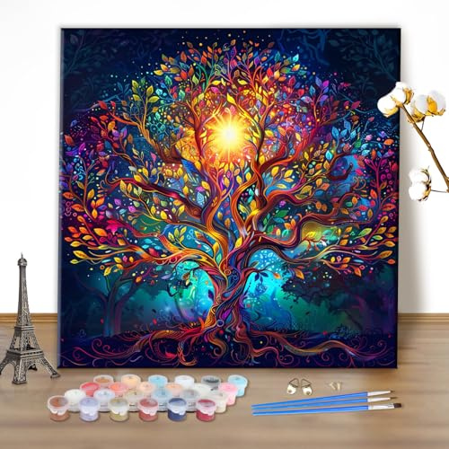 MEIYUDA Pintar por Numeros Adultos Árbol de la vida, DIY Pintura por Numeros Kit Manualidades, Cuadros por Numeros Pigmento Acrílico, Decoración para el Hogar Regalo de pared 40x40cm(sin marco)