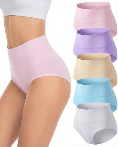 TDONE Cotton Underwear Women, Breathable High Waisted Underwear 5 Pack | Comfortable Slight Tummy Control Cotton knickers for Women No Digging, No Irritation, Ladies Knickers Multipack