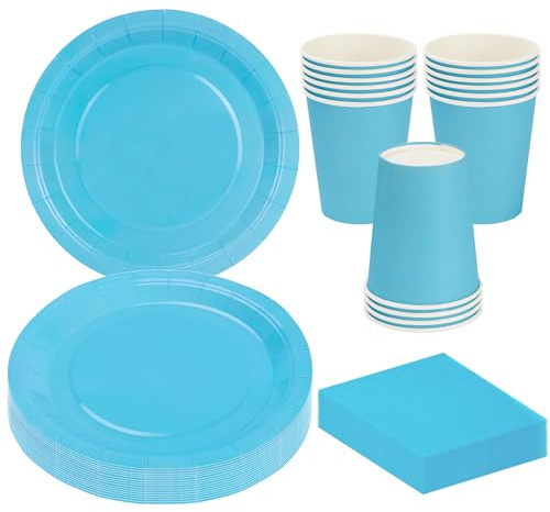 MestectPET Vaisselle de Fête Bleu 56 Pièces, Assiettes Gobelets et Serviettes en Papier pour 16 Invités, Ensemble de Vaisselle pour Anniversaire Mariage Baby Shower Barbecue Pique Niques