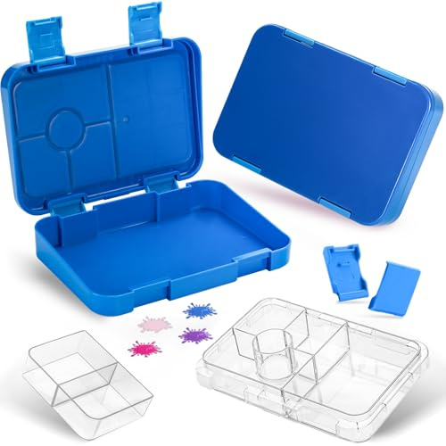 Bento Lunch Box for Kids,girls lunch box with 6 Transparent compartments,children's packed for school with secure lid to prevent spills.（Blue）