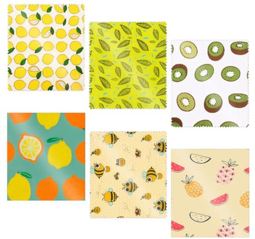 6Pcs Reusable Beeswax Wrap for Food Eco-Friendly Beeswax Food Wraps Set Organic Cotton Biodegradable Storage Wrappers for Cheese, Fruit, Sandwich Wrappers Bowl Covers