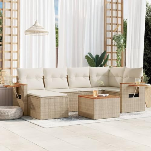 Qnhdfrt Set di 7 divani da giardino, in polietilene, beige, con cuscino, spazio e tavolo pieghevole, per terrazza, giardino, balcone