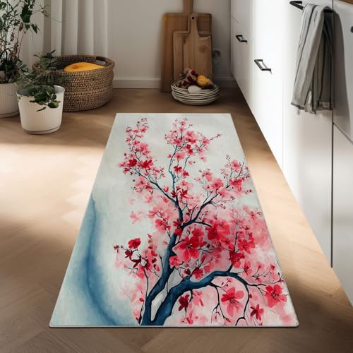 Estilo Oriental Tradicional Alfombra Cocina Lavable 60 x 120 cm Alfombra Corredor para Pasillo Antideslizante, Acuarela Ramas De Cerezo En Flor para Pasillo Salon Cocina Lavandería Entrada Tapete