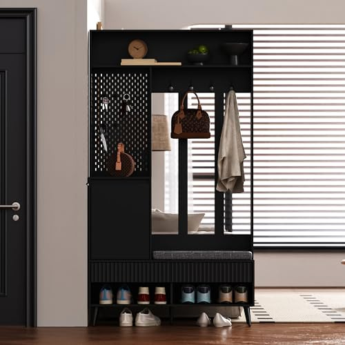 HAUSPROFI Ensemble vestiaire de couloir - Programmes complets avec armoire à chaussures et banc - Porte-manteau mural avec étagère - Meuble de couloir - Noir et gris - 180 x 100 x 35 cm