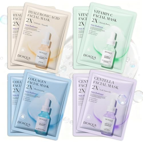 8 Pezzi Daily Care Maschera Viso in Tessuto, Maschera Viso Acido Ialuronico, maschera Collagene viso, Maschere VisO Coreane, per Azione Idratante, Detergente