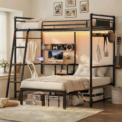 KSOBEBVT Bunk Bed Twin Over Twin, Industrial Heavy Duty Metal Bed with LED Lights & Charging Sation, bunk beds for Kids, School, Bedroom, Safety Guardrail and Ladder, Black