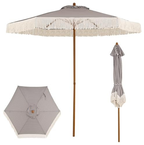 RELAX4LIFE Ombrellone da Giardino 2 x 2M con 6 Costole, Palo in Alluminio, Stile Boemo, Ombrellone da Esterno con Decorazione a Frange per Spiaggia, Terrazzo e Piscina (Verde)
