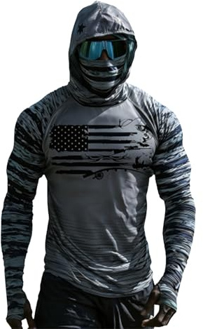 Camisas de pesca para hombre de manga larga con bandera de EE.UU., rashguard, protección solar, sudaderas con capucha ligeras de secado rápido con protección UV y cubierta facial integrada para