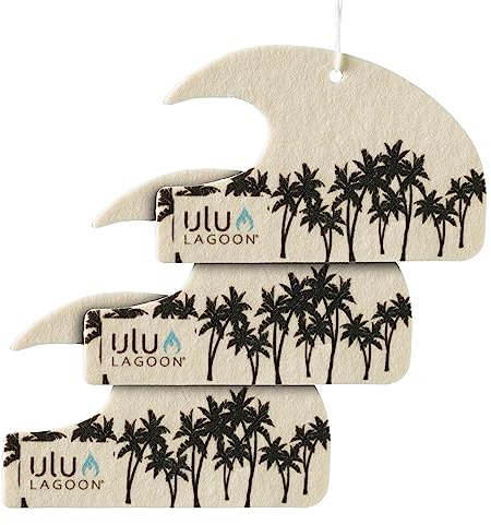 ulu Lagoon Hanging Car Air Freshener | Tropical Beach Coconut Surf Wax Scent Mini Wave | Long Lasting Car Freshener, Closet and Beyond | Made In USA | 3 Pack (Black Palms)
