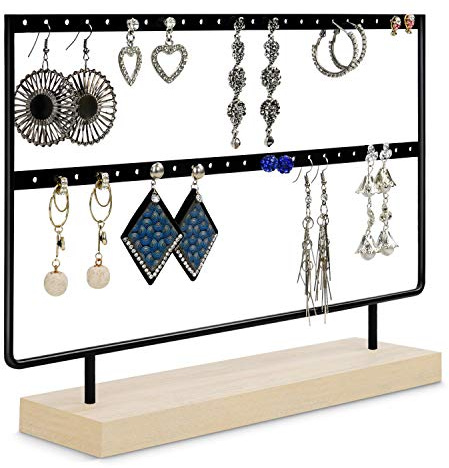 BELLE VOUS Presentoir Boucle d’Oreille en Métal Noir avec Base en Bois - 46 Trous, 2 Niveaux - Rangement Boucle d’Oreille, Colliers et Porte-Clous pour Femmes et Filles