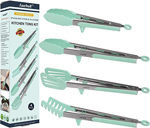 Aschef 4 Pack Silicone Cooking Kitchen Tongs Kit, Nonslip-Heat Resistant-Stainless Steel-Smart Locking Clip Food Pasta Spatula Tong for Oven Cooking Steak BBQ Salad Serving Tools Utensil Set
