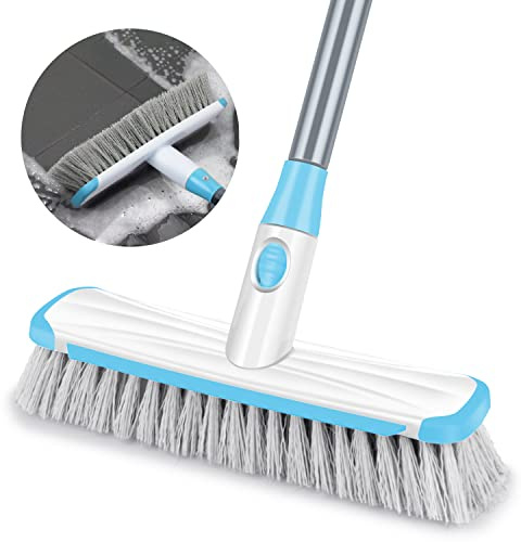 Floor Brush Sweeping Broom, Floor Scrubbing with Long Handle Adjustable 2 in 1 Scrape and Brush Stiff Bristle Cleaning for Deck, Bathroom, Kitchen, Tub, Patio, Tile