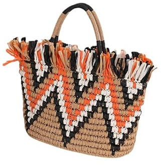 Borsa a tracolla da donna in paglia vintage, fatta a mano, grande, in tessuto, Arancione, Chic, elegante, vintage