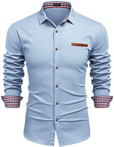 COOFANDY Shirts Mens Long Sleeve Denim Shirt Smart Casual Cotton Button Down Dress Work Shirt Slim Fit Non Iron Cowboy Shirts with Plaid Collar AA-Baby Bule S
