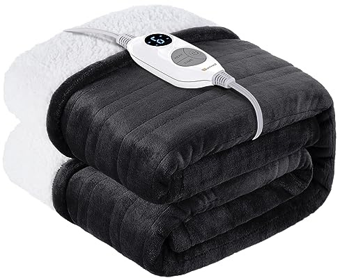 Varmrest värmefilt med automatisk avstängning 130 x 160 cm, 6 temperaturnivåer och 1 ~ 10 timmar automatisk avstängning timer överhettningsskydd, flanell sherpa elektrisk värmefilt värmefilt
