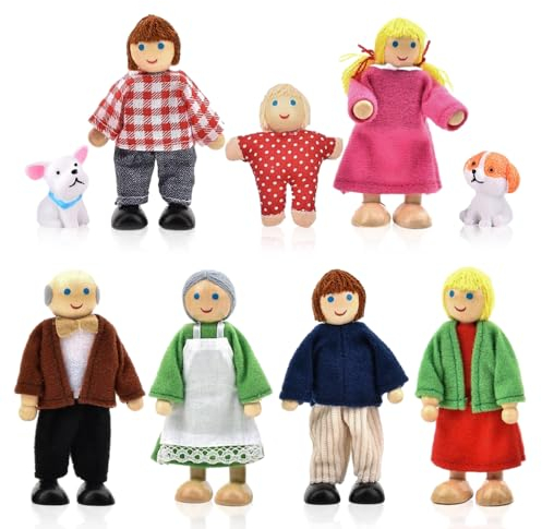 Riisoyu Puppenhaus Puppenfamilie Set, Holz Puppenhaus Puppen Figuren Puppen Spielset Biegepuppen Kinder Spiel Haus Puppenhaus Zubehör Spielzeug Geschenk