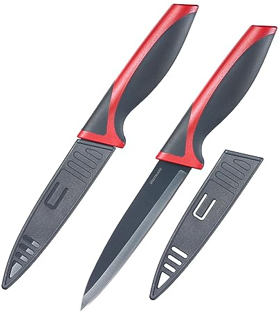 Westmark Allzweck-/Gemüsemesser, 2 Stück, Klingenlänge: je 12 cm, mit Klingenschutz, Rostfreier Edelstahl/Kunststoff, Anthrazit/Rot, 145322E3