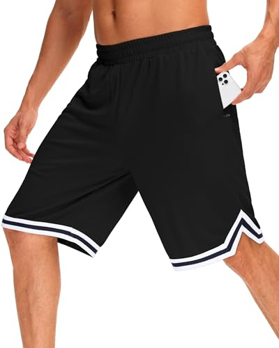 JWM Mens 11 Gym Basketball Shorts with Zipper Pockets - Long Quick Dry Lightweight Mesh Athletic Shorts for Workout Running Black