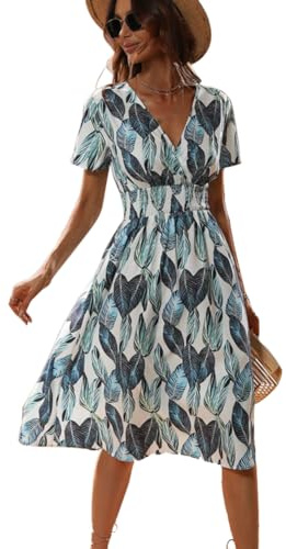 XIVISTO Vestido de Verano para Mujer Midi Floral Casuales Cuello en V Elegante Manga Corta Cintura Elástica Vestido Playa