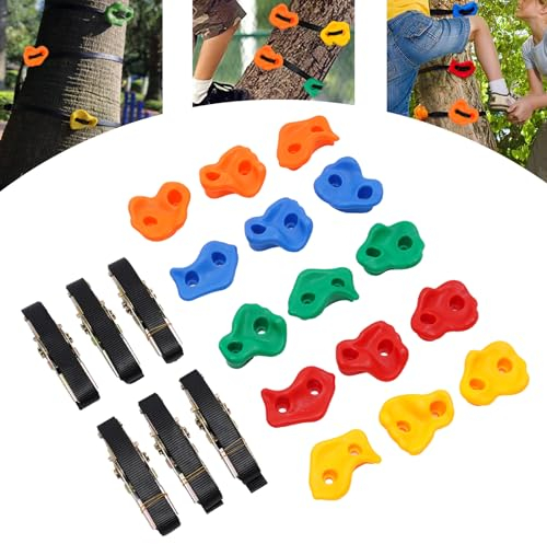 GramStudio 15 Stück Klettersteine, Kinder Klettergriffe mit 6 Ratschengurte, Belastbar bis 100kg, Bouldern Zubehör für Spielturm und Kletterwand