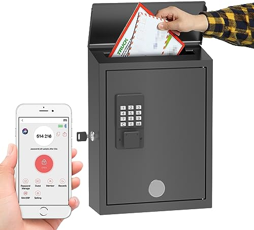 Mailbox with Electronic Lock, Wall Mount Locking Postbox for House, One Time Code/Permanent Code/Spare Key Unlock, Large Capacity for Collect Letter, Key Drop Box, Black,Waterproof, 14x4x10in