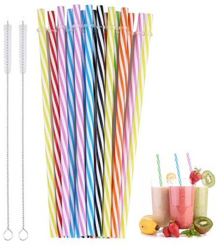 Lot de 16 pailles réutilisables en plastique épais à rayures sans BPA avec 2 brosses de nettoyage pour cocktails