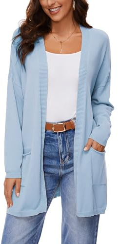 BERESIA Women's 100% Cotton Lightweight Open Front Cardigans with Pockets Long Sleeve Soft Oversized Knit Casual Sweaters Outwear