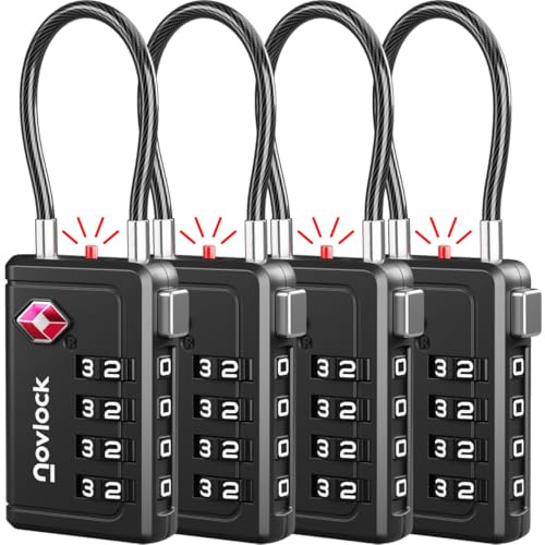 TSA Bagagelås med Alertindikator – 4-siffriga Kombinationslås med Flexibla Kabellås – För Resväskor, Kabinväska, Ryggsäckar, Bagage och Skåp – 4-pack svart