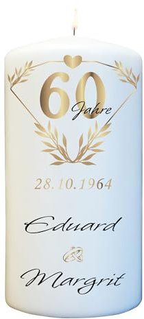Diamantene Hochzeit Kerze mit Namen & Wunschtext personalisiert - zum 60 Hochzeitstag - Größe 15cm x 7cm