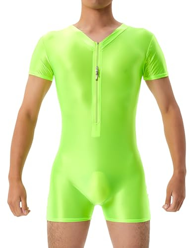 AIEOE Oljeglänsande kroppsdräkt för män, hög elastisk bodysuit oljeglänsande brottning, undertröjor, dragkedja framtill, trikåer, boxershorts, basplagg, kroppsdräkt i ett stycke för myskläder, gRÖN, M
