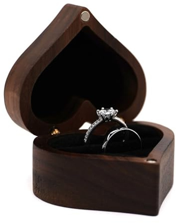 Alriedy Ringbox Herzförmige Ring Schatulle & Ringkästchen aus Walnussholz mit Schwarz Samt, Handgefertigte Ringbox für Verlobung Hochzeit und Heiratsantrag