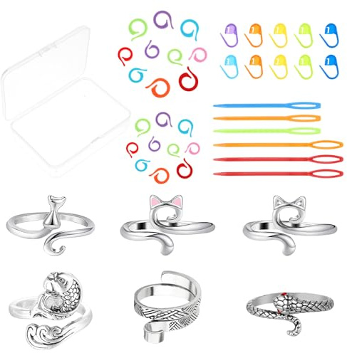 Nogeqi Lot de 42 anneaux à crochet réglables avec aiguille à repriser en métal - Accessoires pour tricot DIY