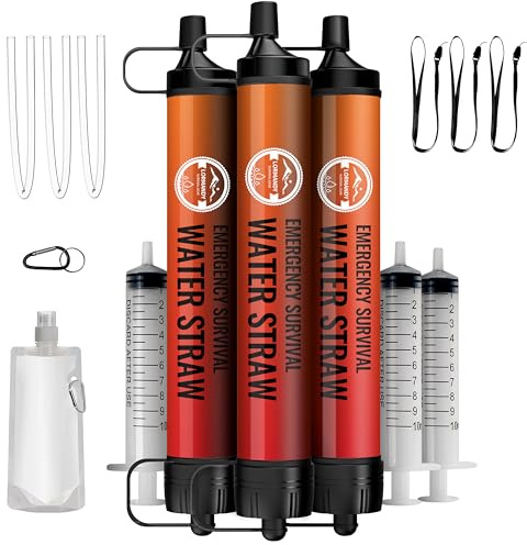 Lormandy Emergency Water Filter Straw, Personal Survival Water Filtration System, Water Purifier, Outdoor Survival Gear and Equipment for Hiking Camping Accessories Cycling Fishing Preparedness (3PCS)