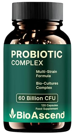 BioAscend | Bio Cultures Complex Probiotics & Prebiotics | 60 Billion CFU | 2 Months Supply | 120 Capsules | Lactobacillus & Bifidobacterium Strains | Vegan Probiotic Complex Capsules