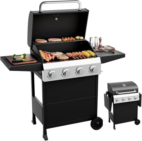 Outopee 4 Burner Propane Gas BBQ Grill, 40000 BTU Portable Barbecue Grill with Lid, Foldable Side Tables & Enameled Cast Iron Grates, Outdoor Cooking BBQ for Patio, Camping, Backyard