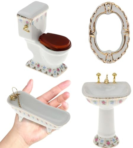 Joygoodta Juego de 4 Muebles para casa de muñecas, baño de casa de muñecas de Porcelana 1/12, Incluye Inodoro, bañera, Lavabo y Espejo, Muebles en Miniatura realistas