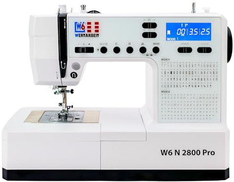 W6 WERTARBEIT N 2800 Pro Nähmaschine (Freiarm Super Computer-Nähmaschine (143 Programme & Alphabet: Buchstaben, Zahlen & Sonderzeichen nähbar)) weiß - Nähanpressdruck - Start/Stopp-Taste - Knopflöcher