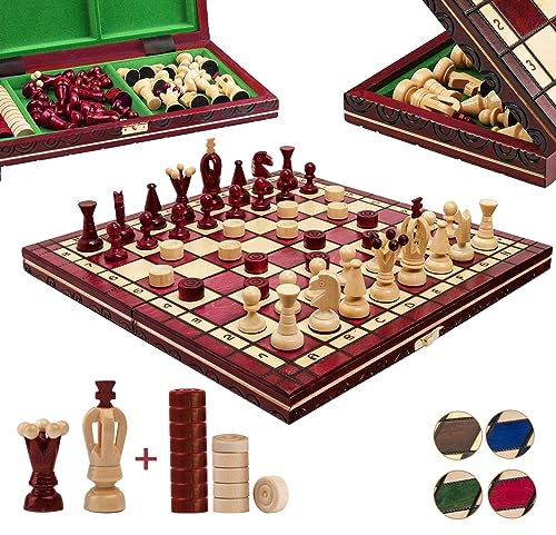 Great Kingdom Schach Spiel und Dame Spiel | Master of Chess Farbe Rote | Chess Set 35cm | Qualität Reise Schachspiel- Handgemachtes Tragbares Schach für Kinder und Erwachsene