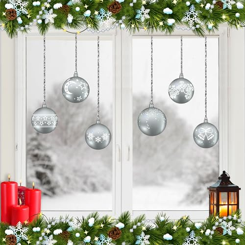 ArtiClings 12 x Bauble Window Clings with Glitter Patterns and Strings Colour = Silver