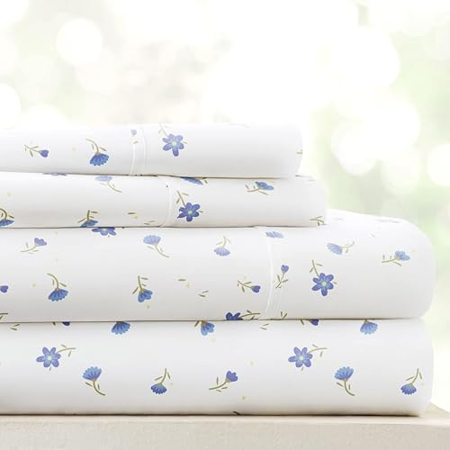 Linen Market Double-Brushed Patterned Microfiber Queen Sheet Set 4 Piece – Oeko-TEX Certified Ultra Soft & Wrinkle-Free - 16 Deep Pocket Sheets - Easy Care Queen Size - Soft Floral Light Blue