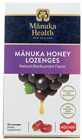 Manuka Health Manuka Honey Lozenges – 15 Blackcurrant Flavored Lozenges – Natural Throat Lozenges Infused with Raw Manuka Honey and Vitamin C for Immune Support