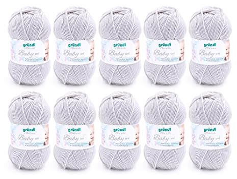 Gründl Wolle Baby uni - weiche Wolle zum Häkeln und Stricken - Babywolle - Babygarn - Weich und hautfreundlich - 70 % Polyacryl,30 % Polyamid - 10 Knäuel 50 g / 150 m - Nadelstärke 3,5 -4,5 - hellgrau