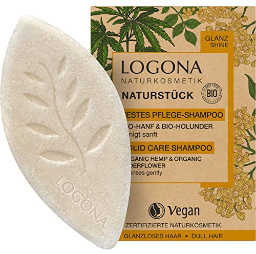 LOGONA Naturkosmetik Festes Haarshampoo für mehr Glanz und natürlich gesundes Haar, Shampoo Bar mit veganer Formel aus Bio Hanf und Bio Holunder, Wie Haarseife, 1 x 60 g